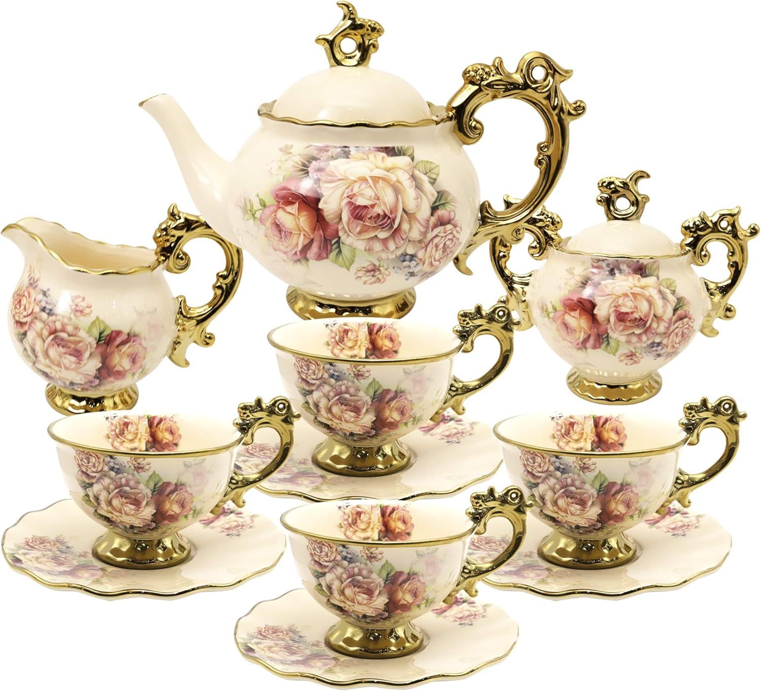 fanquare 15 Pièces Services à Thé de Mariage en Porcelaine Anglaise, Ensemble de Café de Fleurs Vintage, pour Adultes