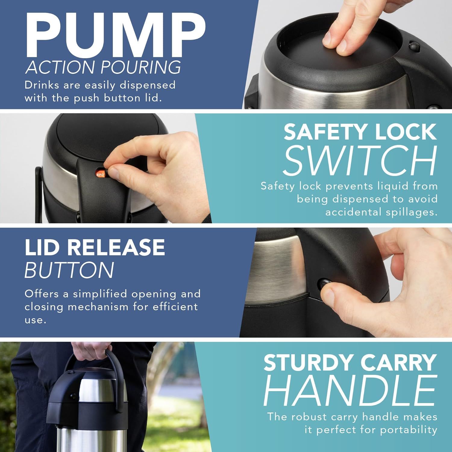 Carafe à café isotherme - Airpot en acier inoxydable de 3L avec action pompe, isolation à double paroi, carafe à café et thé étanche avec base rotative à 360°, poignée de transport, verrou de