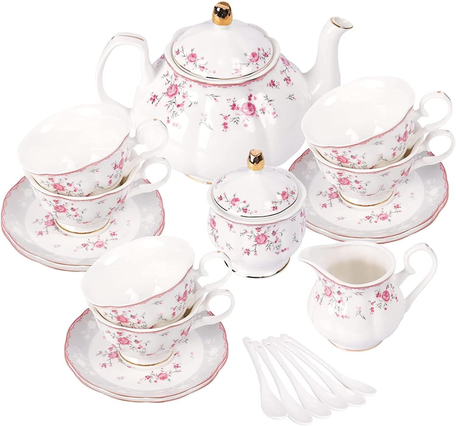 fanquare Service à Thé en Porcelaine, Ensemble de Tasse et Soucoupe à Thé, Service de Thé 6 Personnes, Théière de Mariage Pichet à Crème dans un Sucrier, Service à Café Flower China, Rose Rouge