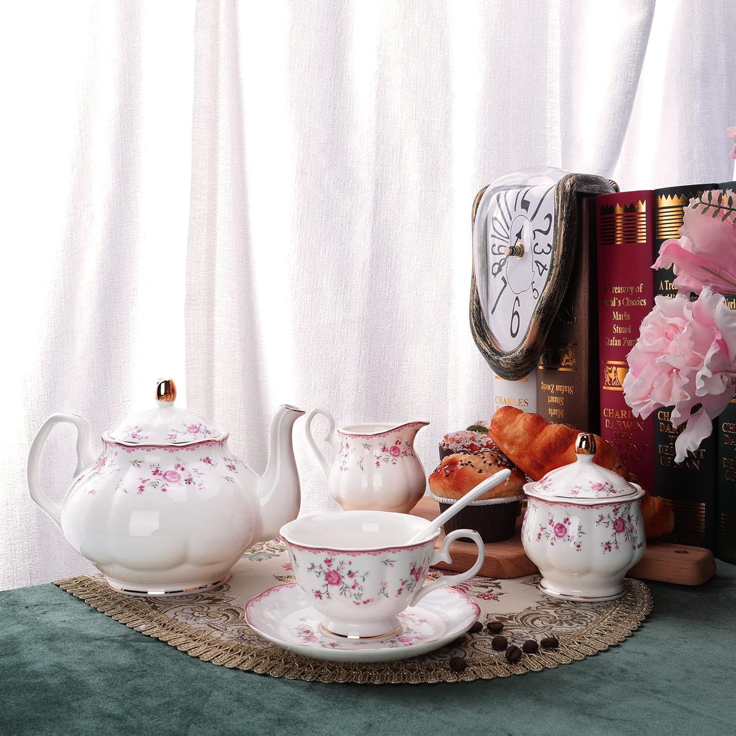 fanquare Service à Thé en Porcelaine, Ensemble de Tasse et Soucoupe à Thé, Service de Thé 6 Personnes, Théière de Mariage Pichet à Crème dans un Sucrier, Service à Café Flower China, Rose Rouge