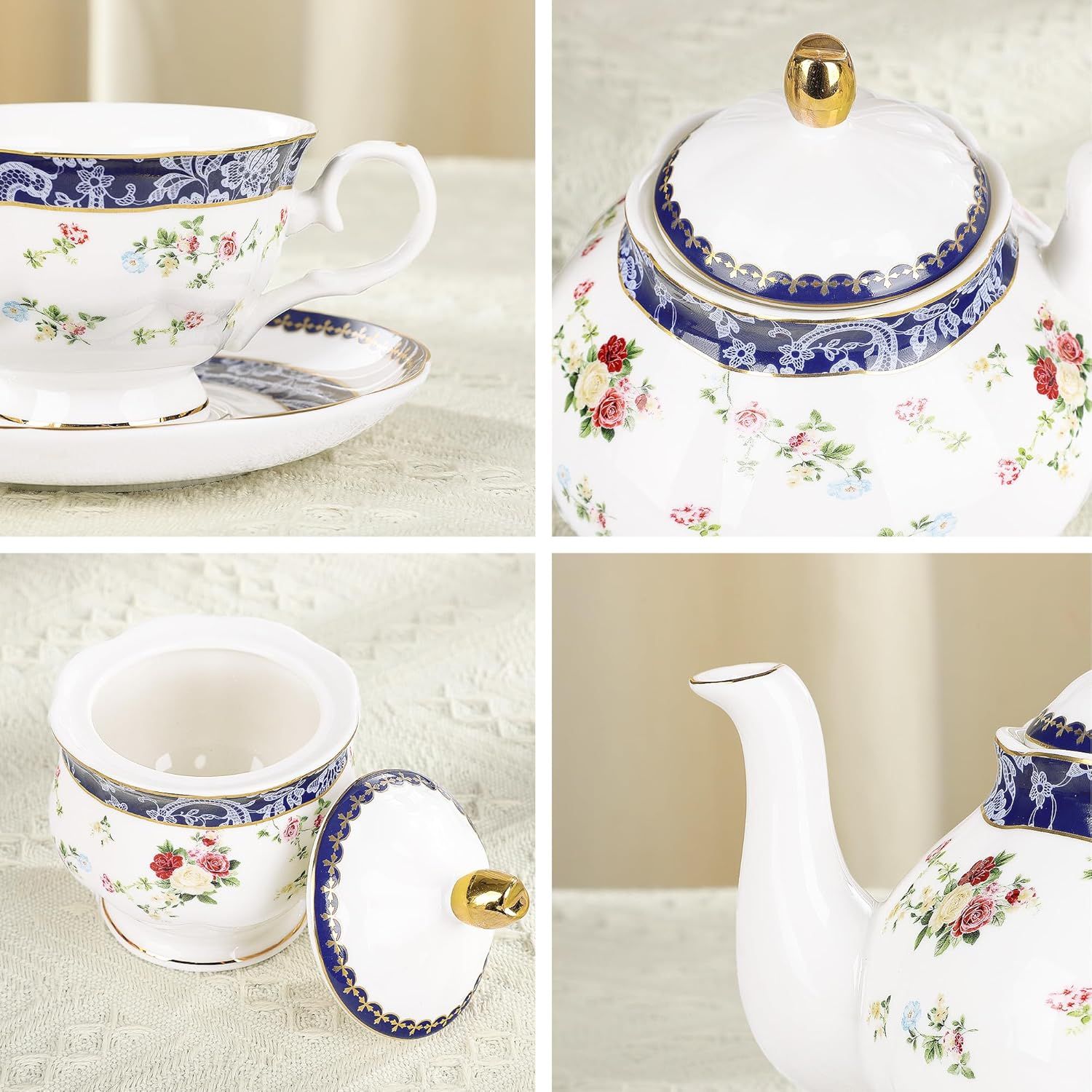 fanquare 21 Pièces Rose Bleue Ensemble de Thé Britannique pour l'après-midi, Ensemble de Théières en Porcelaine Moderne, Vintage Café Tasse et Soucoupe, Service à Thé Adulte pour 6 Personnes