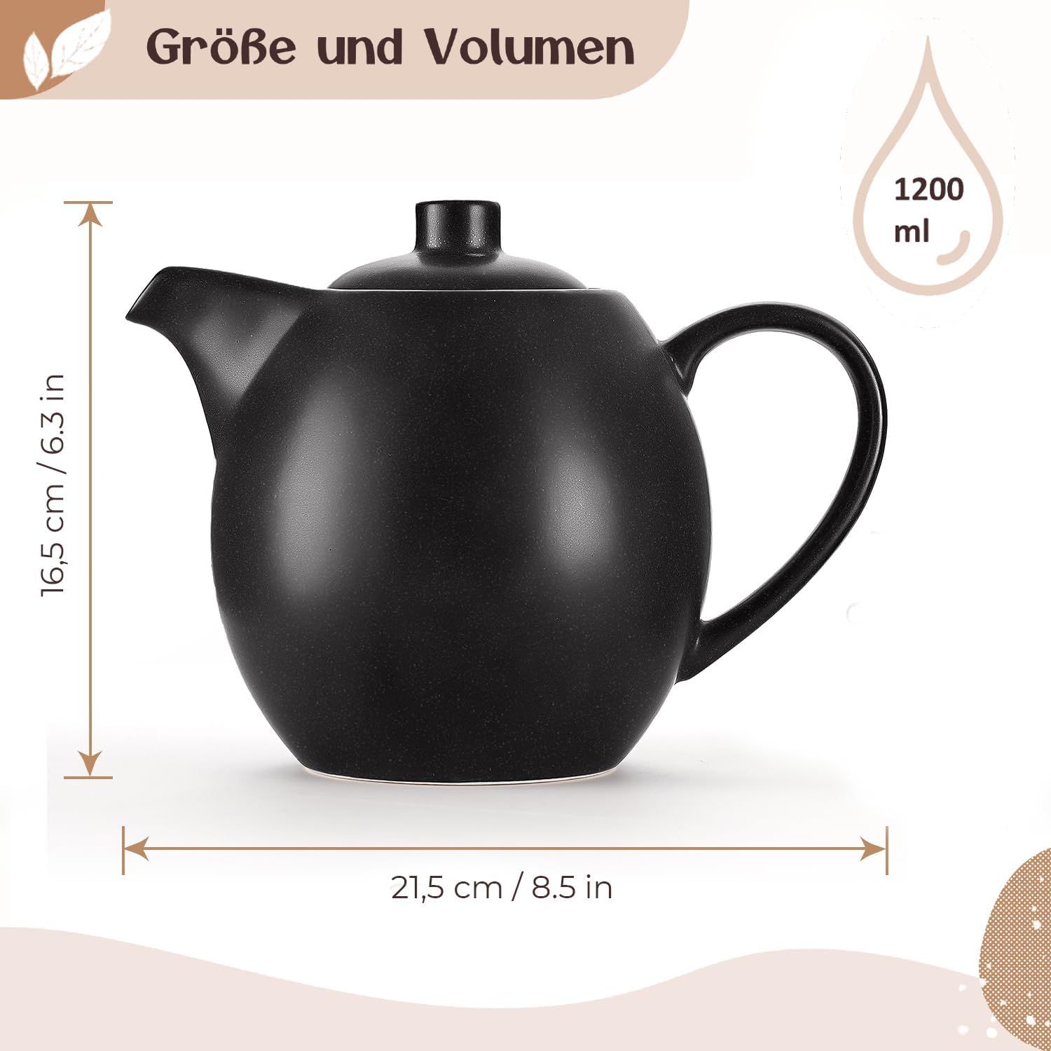 Théière en céramique avec infuseur - 1,2 l - Noir (anthracite) - Théière en céramique - Accessoire de thé pour thé en vrac