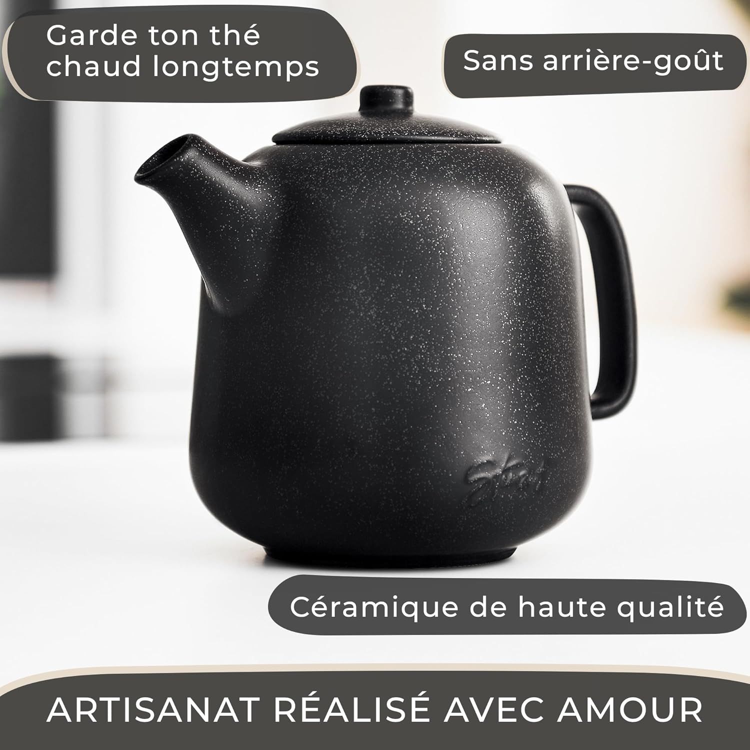 STEINZEIT Theiere avec infuseur design (1,3L) – Théière avec filtre en acier inoxydable 304 – Théière en céramique avec glaçure unique – Filtre amovible – noire