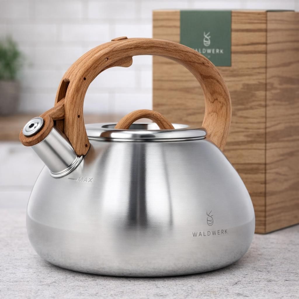 WALDWERK (2,3 L) Bouilloire INOX Vintage pour Induction et Gaz - Poignée Aspect Bois - Sifflante - Retro
