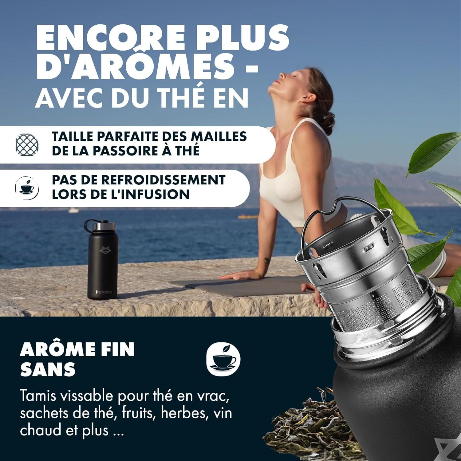 Thermos Thé et Café Isotherme avec Infuseur à Thé et Fruits – Gourde Infuseur Thé 1L en Acier Inoxydable – Bouteille Thermos pour Bureau, Yoga, Voyage – Théière avec Infuseur