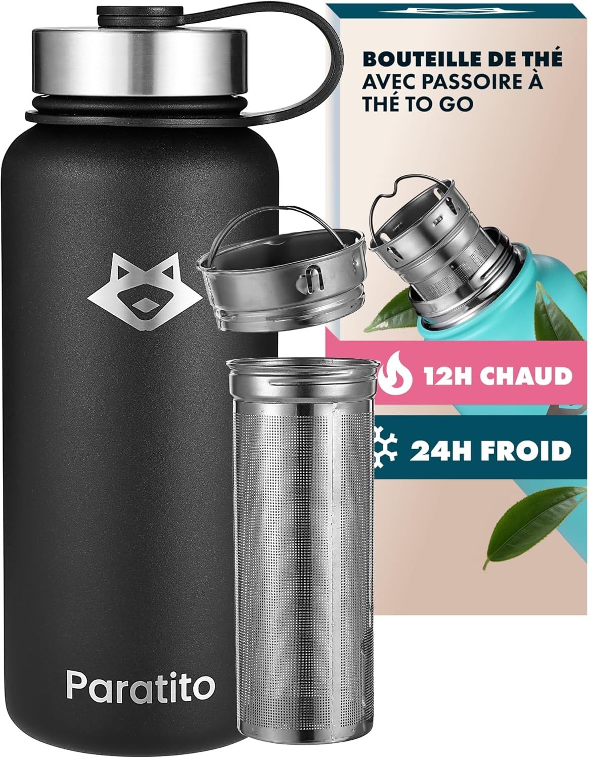 Thermos Thé et Café Isotherme avec Infuseur à Thé et Fruits – Gourde Infuseur Thé 1L en Acier Inoxydable – Bouteille Thermos pour Bureau, Yoga, Voyage – Théière avec Infuseur