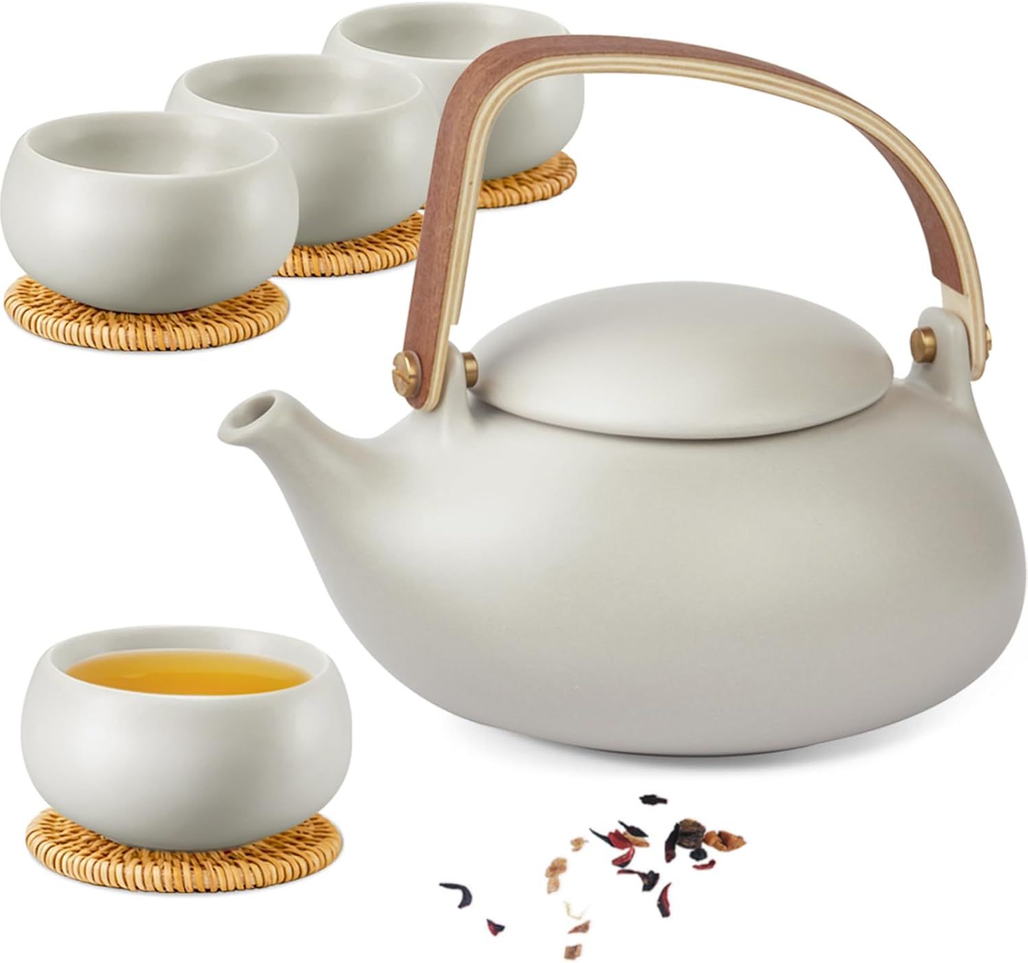 ZENS Theiere avec infuseur, Théière en japonaise avec 4 tasse pour le thé en vrac, gris céramique Théière avec filtre en acier inoxydable 304 pour les fleurs Thé, manche en bois moderne
