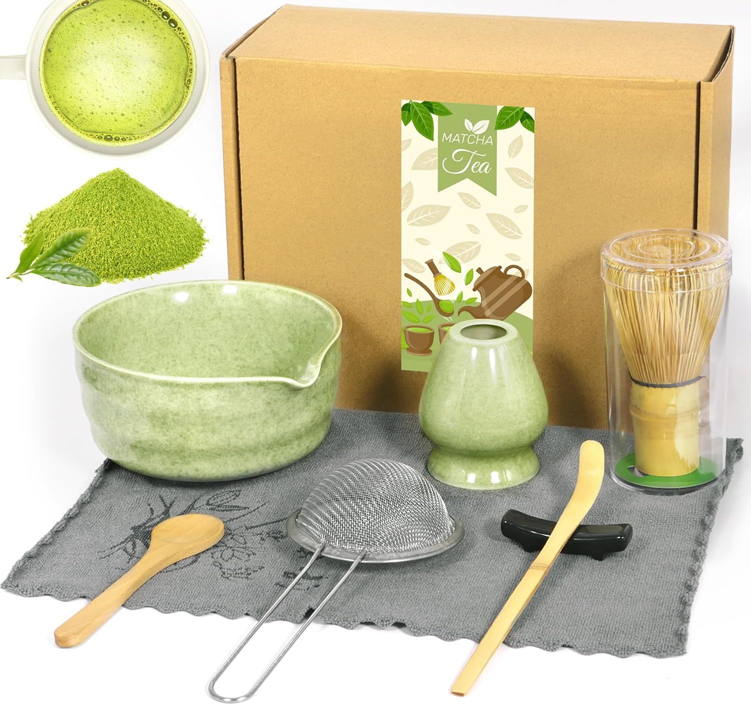 Matcha Kit, 8 Pièces Kit Matcha, Service à Thé Japonais,Bol à Matcha Avec Bec,Fouet Matcha, Support De Fouet à Matcha,Filtre,Cuillere Matcha, Stand, Serviette De Thé,Pour Adapté Aux Débutants