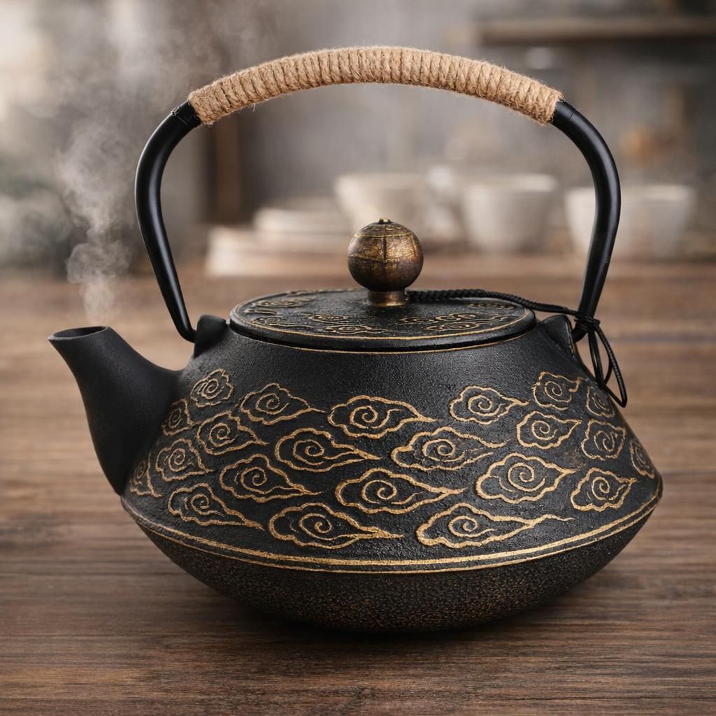 Théière en Fonte, Théière Japonaise avec Inspergraphe pour Feuille Libre, Bouilloire à Thé 800ml pour Cuisinière Enduite d’Intérieur émaillé, Motif Nuages, Noir