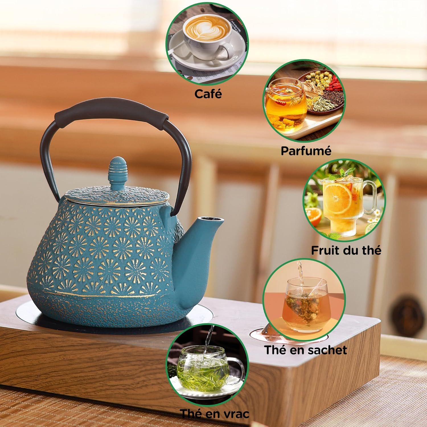 Théière en fonte japonaise à motif de sakura en émail, 950 ml, avec infuseur pour thé en feuille et café, poignée en silicone, sûre pour la cuisinière, 32 oz bleu