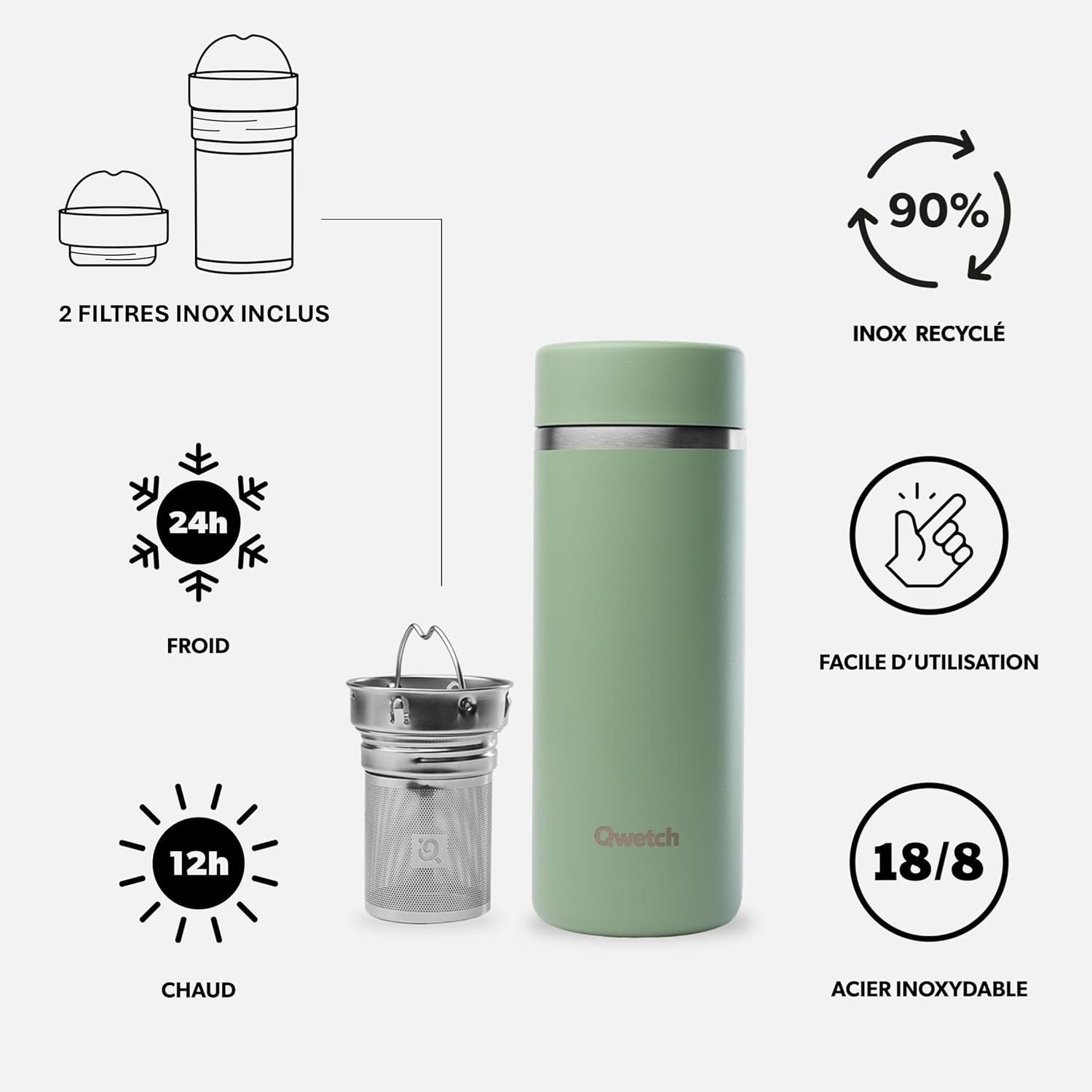 Qwetch - Théière Isotherme Nomade 400ml - Infuseur avec 2 Filtres - 12h Chaud / 24h Froid - Étanche, Réutilisable & Durable - Pour Thé, Café, Tisane, Fruits (Vert Tilleul)