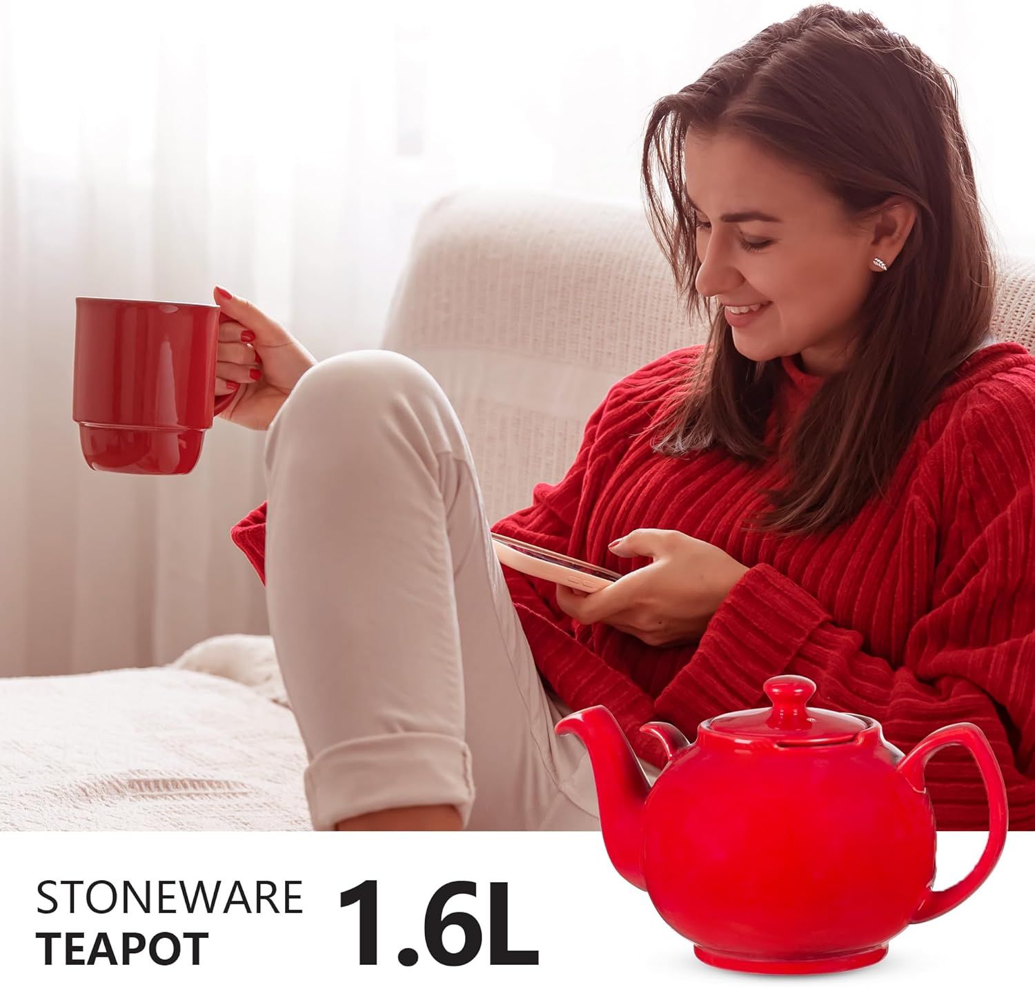 Urban Lifestyle Liverpool Théière en céramique avec infuseur en acier inoxydable Rouge 1,6 l