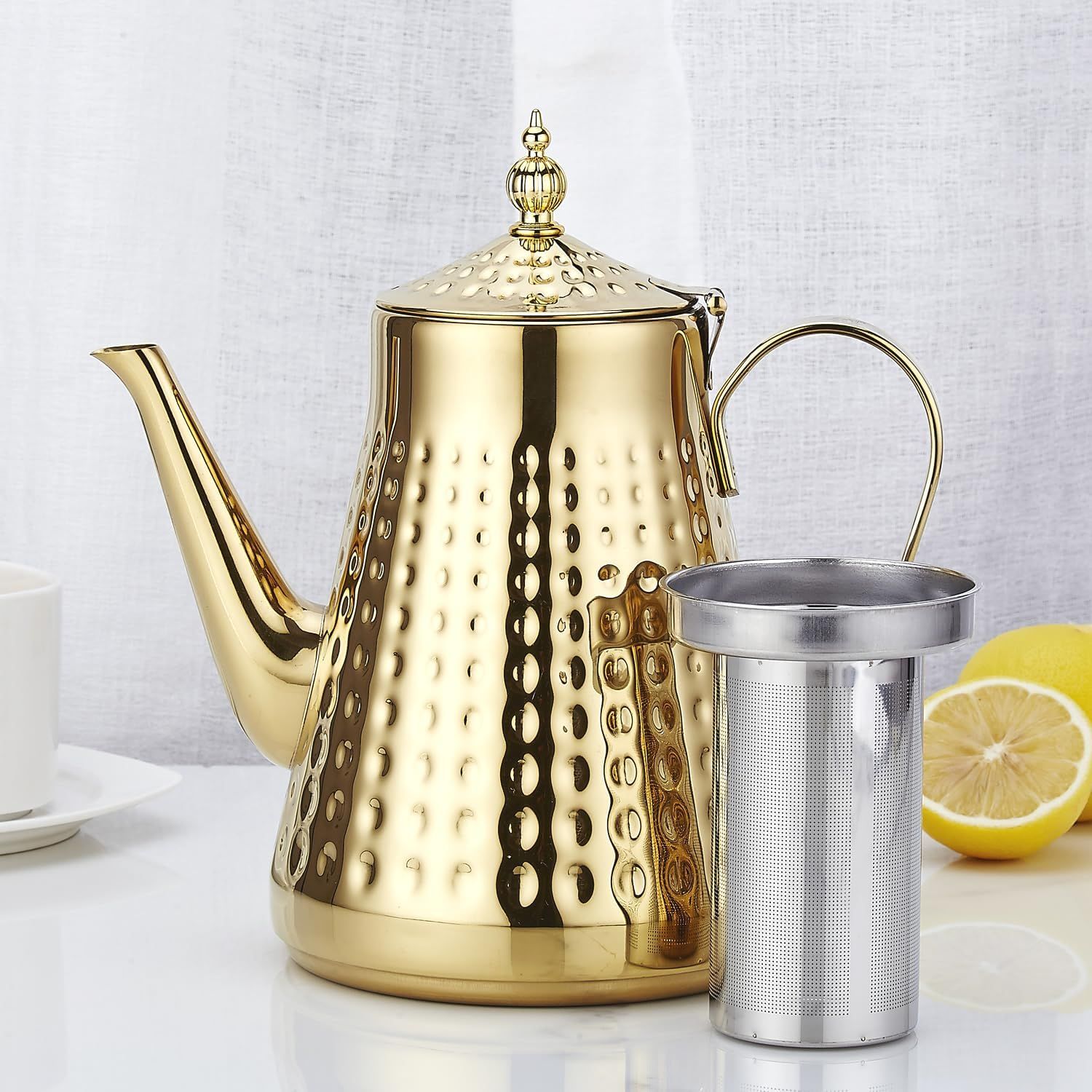 SANQIAHOME Théière en acier inoxydable 1800ml avec infuseur amovible,Théière vintage,Doré