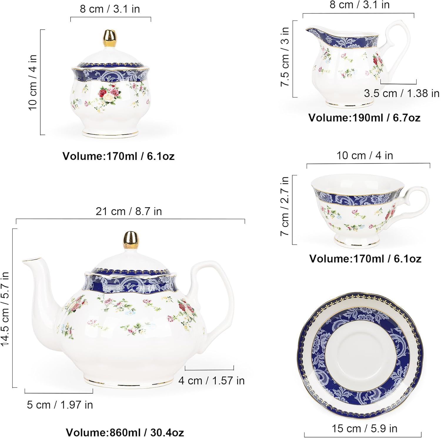 fanquare 21 Pièces Rose Bleue Ensemble de Thé Britannique pour l'après-midi, Ensemble de Théières en Porcelaine Moderne, Vintage Café Tasse et Soucoupe, Service à Thé Adulte pour 6 Personnes