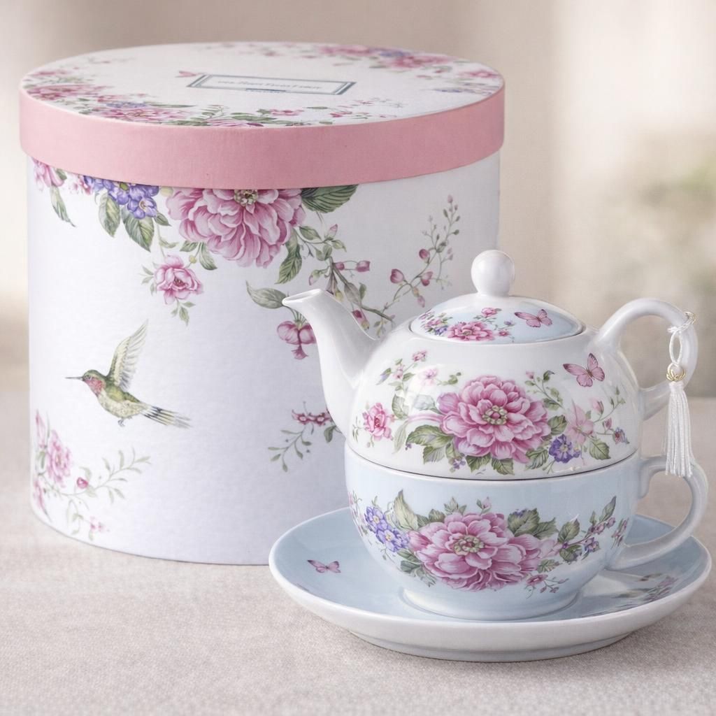 Ensemble de théière, tasse et soucoupe en porcelaine pour une personne à motif floral boîte cadeau