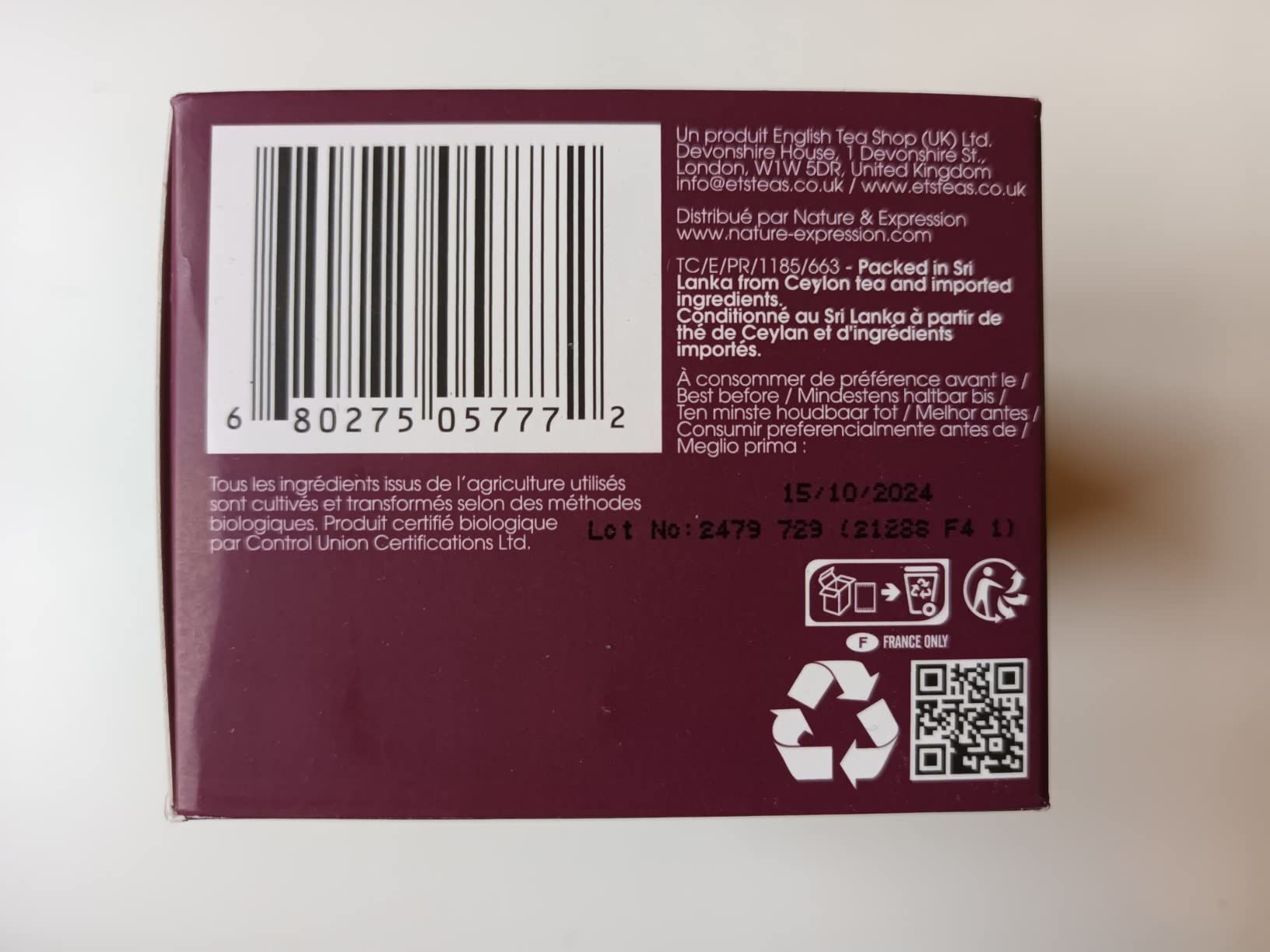 Thé noir bio à la menthe poivrée et menthe verte - boîte de 20 sachets