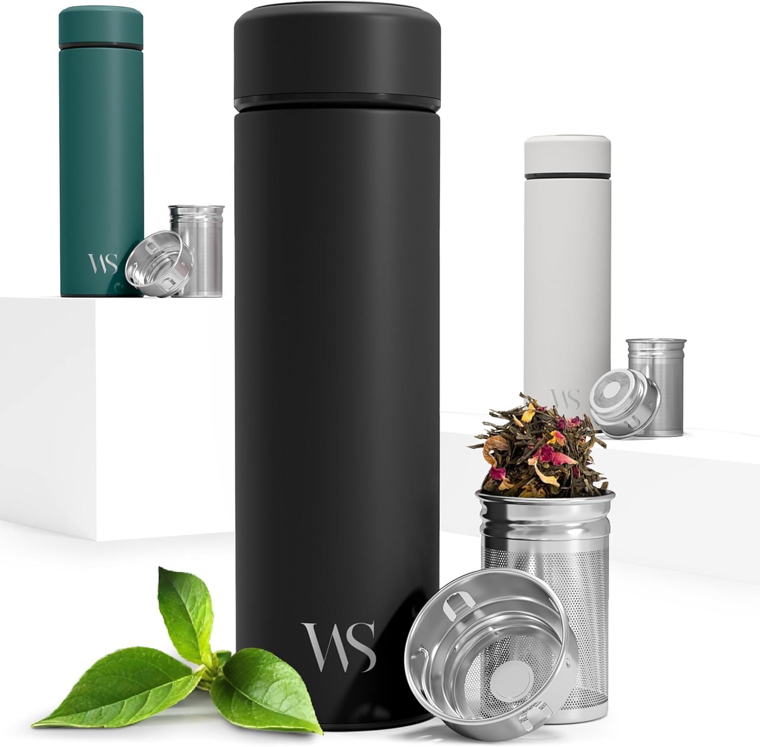 Bouteille d’eau isotherme à infusion thé & fruits + infuseur à fruit + passoire thé sans BPA | Thermos 450ml en acier inoxydable isolé sous vide | Gourde bureau extérieur école voyage sport – Noir