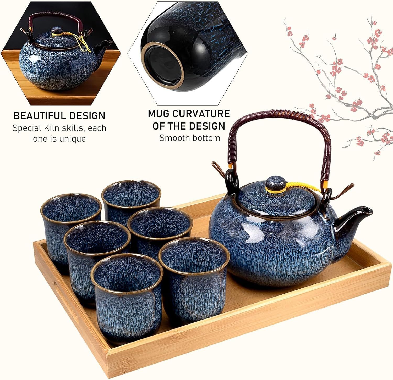 Service à thé japonais en porcelaine de 650 ml avec 6 tasses à thé, boîte cadeau, théière chinoise émaillée modifiée au four pour adultes, amateurs de thé, homme et femme