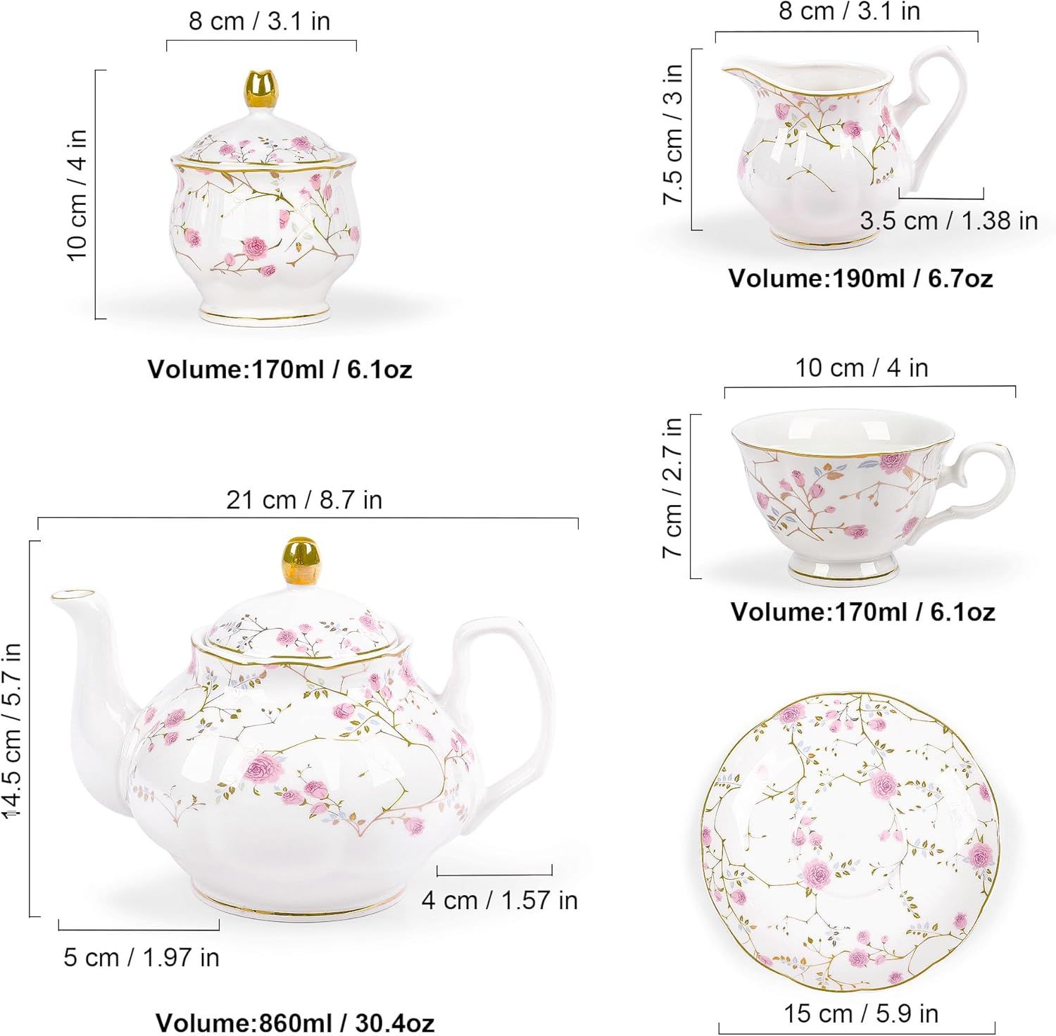 fanquare Fleurs Roses et Vignes Service à Thé de l’après-midi, 21 Pièces Ensemble de Théière en Porcelaine Britannique, Service à Café de Fête de Mariage Vintage, Service à Thé Adulte pour 6