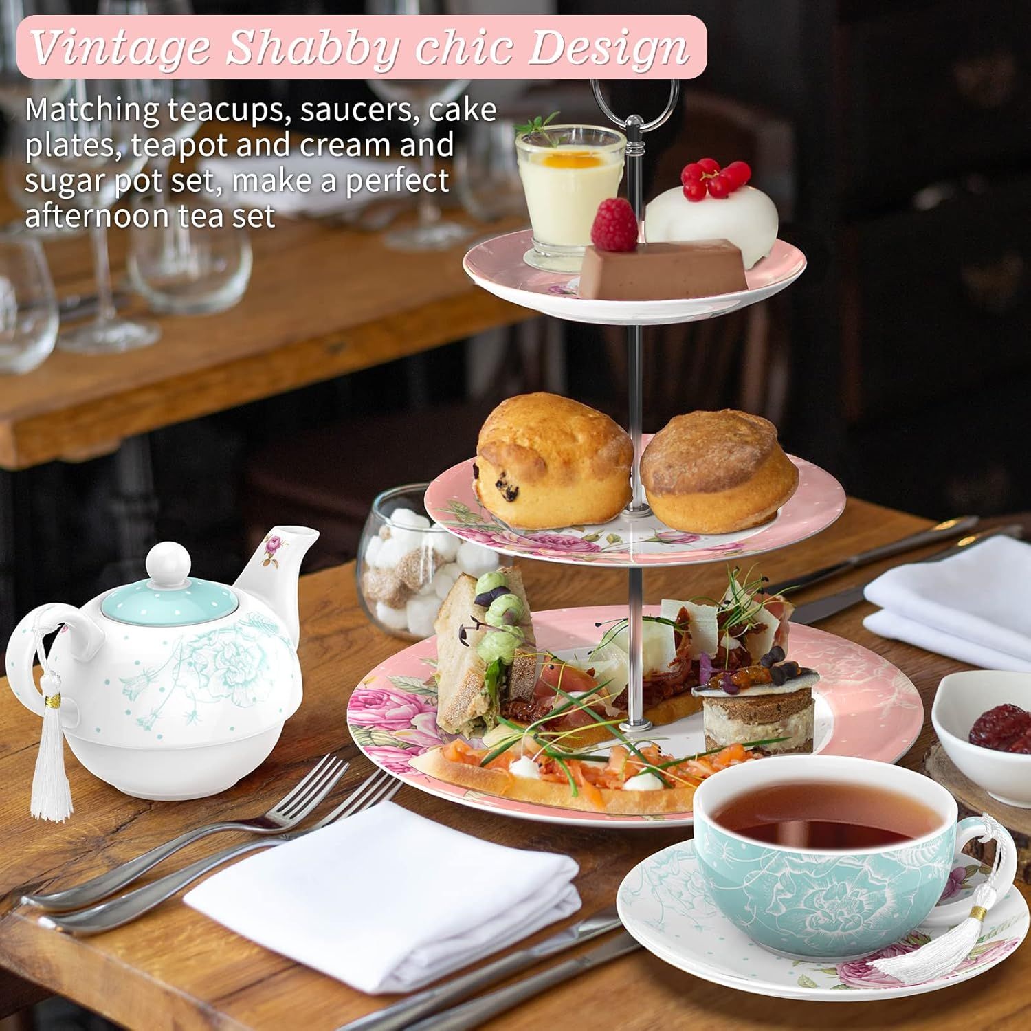 London Boutique Service à thé pour une personne avec théière, tasse à thé et soucoupe pour 1 personne en porcelaine anglaise Motif floral vintage 350 m (turquoise)