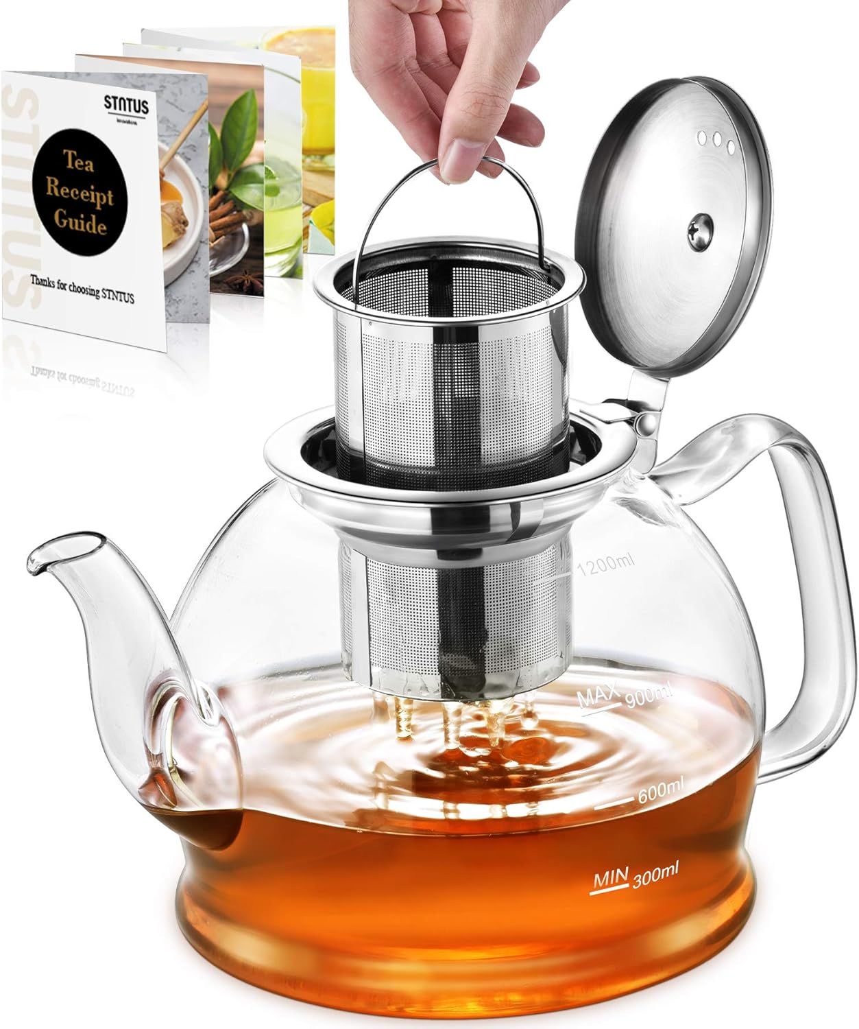 1200ml Theiere en Verre Borosilicate avec Infuseur, Pots à thé en Vrac, Coffre-fort pour Cuisinière
