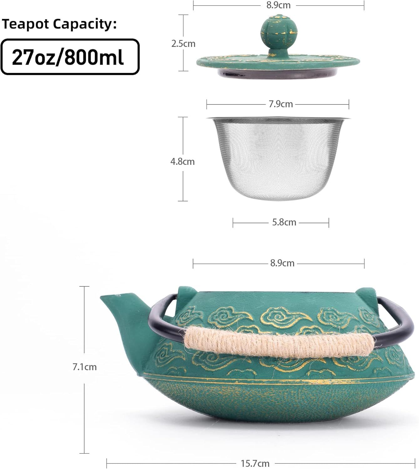 Théière en Fonte, Théière Japonaise avec Inspergraphe pour Feuille Libre, Bouilloire à Thé 800ml pour Cuisinière Enduite d’Intérieur émaillé, Motif Nuages, Vert