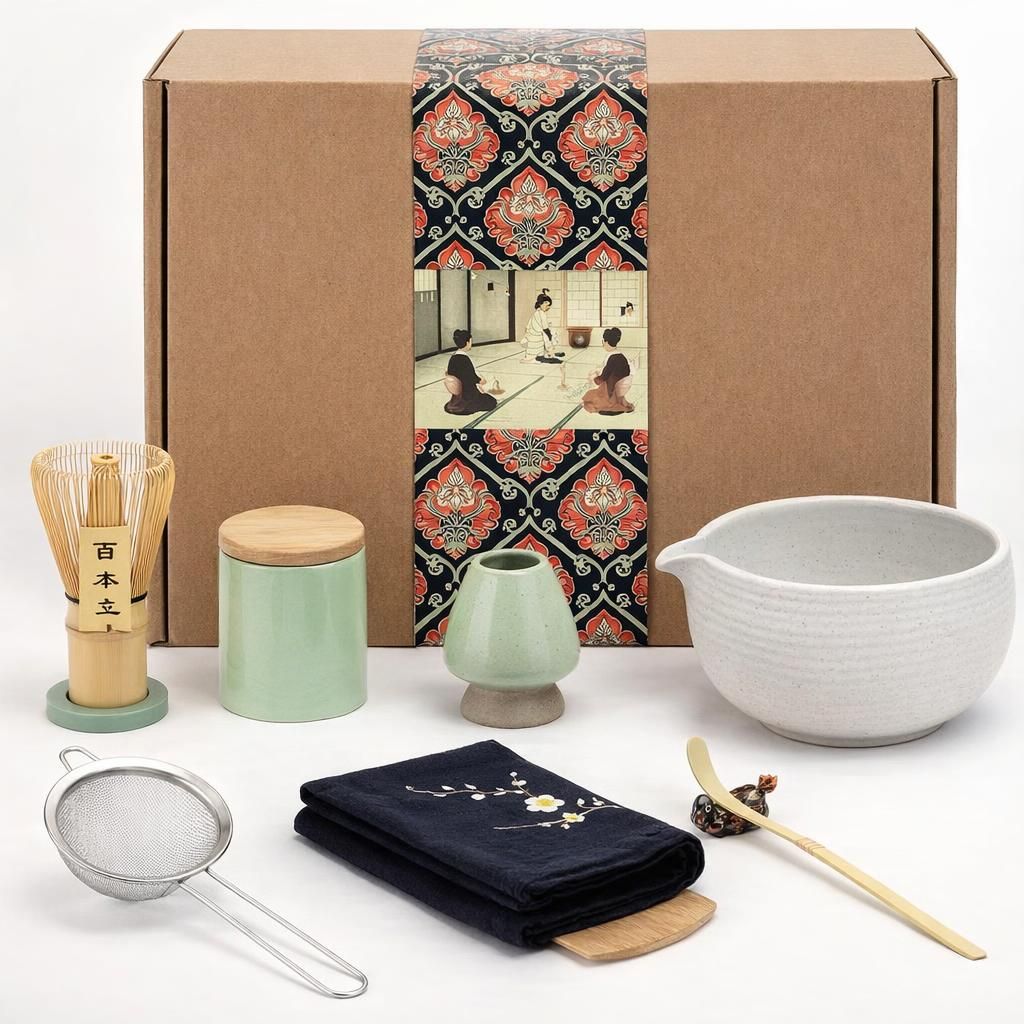 Artcome Service à Thé Japonais - Kit de Cérémonie Matcha Fait à la Main avec Bol, Fouet, Cuillère, Porte-Fouet en Céramique et Boîte à Poudre