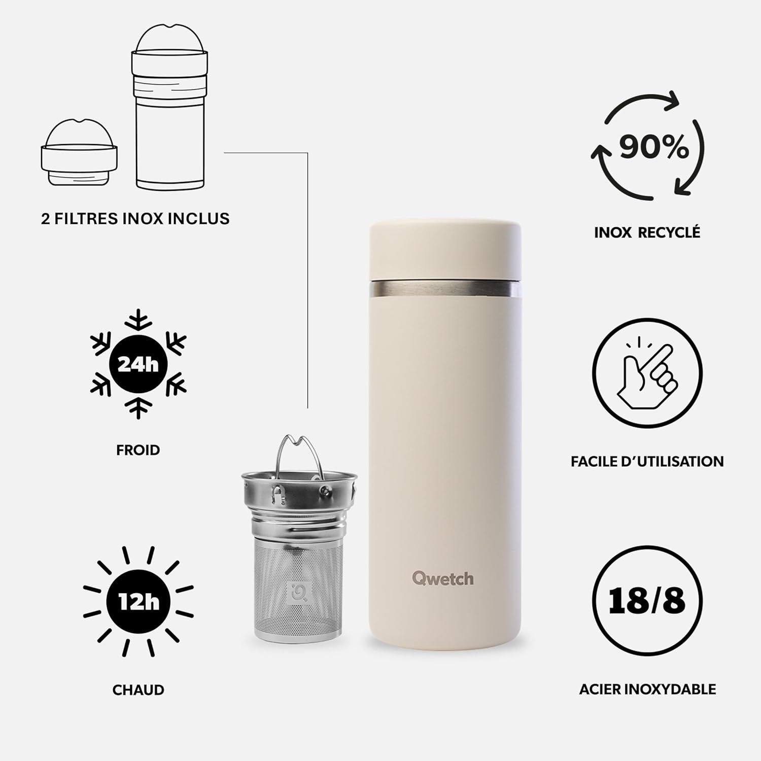 Qwetch - Théière Isotherme Nomade 400ml - Infuseur avec 2 Filtres - 12h Chaud / 24h Froid - Étanche, Réutilisable & Durable - Pour Thé, Café, Tisane, Fruits (Sable)