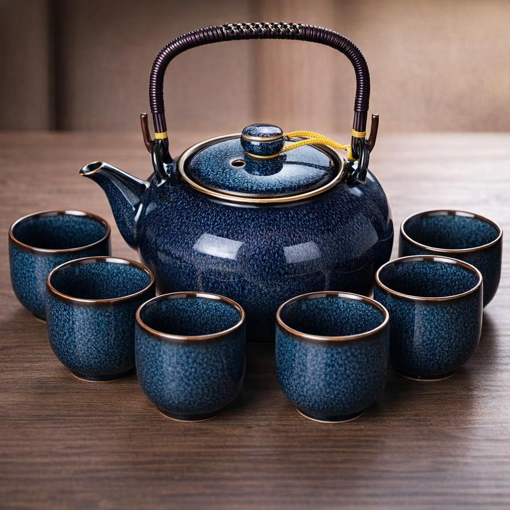 Service à thé chinois en céramique, théière de 600 ml et 6 tasses de 120 ml, service à thé kungfu changeant de four, théière asiatique pour les amateurs de thé, bleu