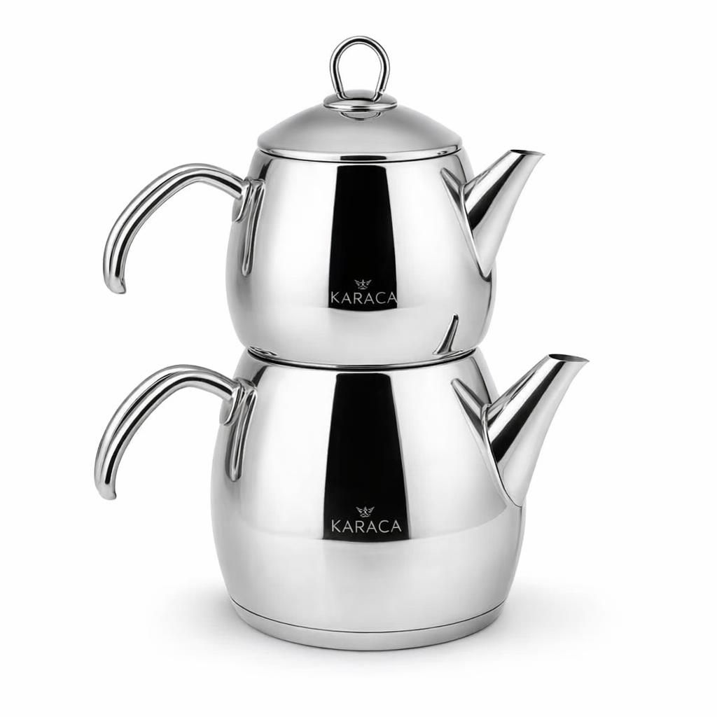 Karaca Adelya Caydanlik – Mini théière turque en métal de 0,65 l + couvercle et abreuvoir de 1,1 l en acier inoxydable – Passe au lave-vaisselle – Passe au lave-vaisselle, Gris