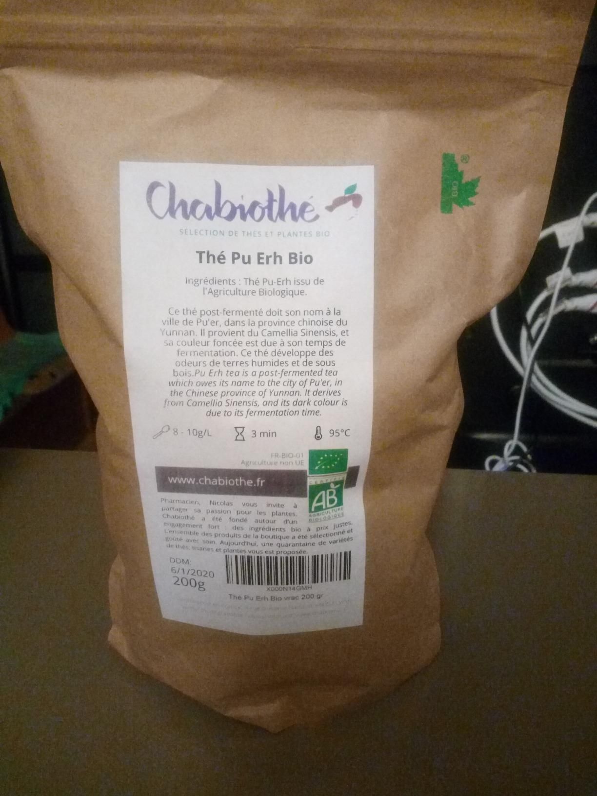 thé pu erh bio en vrac 200g origine yunnan