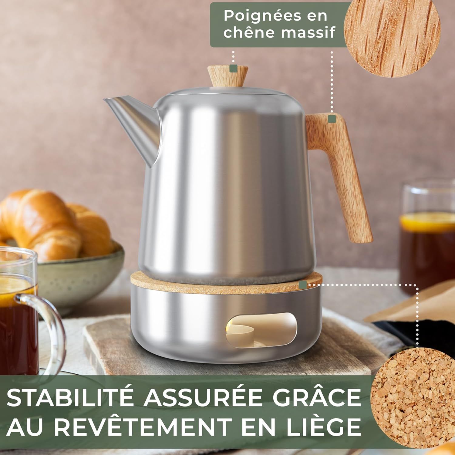 WALDWERK Théière avec Infuseur (1,1L) en Acier Inoxydable 304 - Poignées en Bois de Chêne, Sans Goutte, Filtre Amovible et Réchaud
