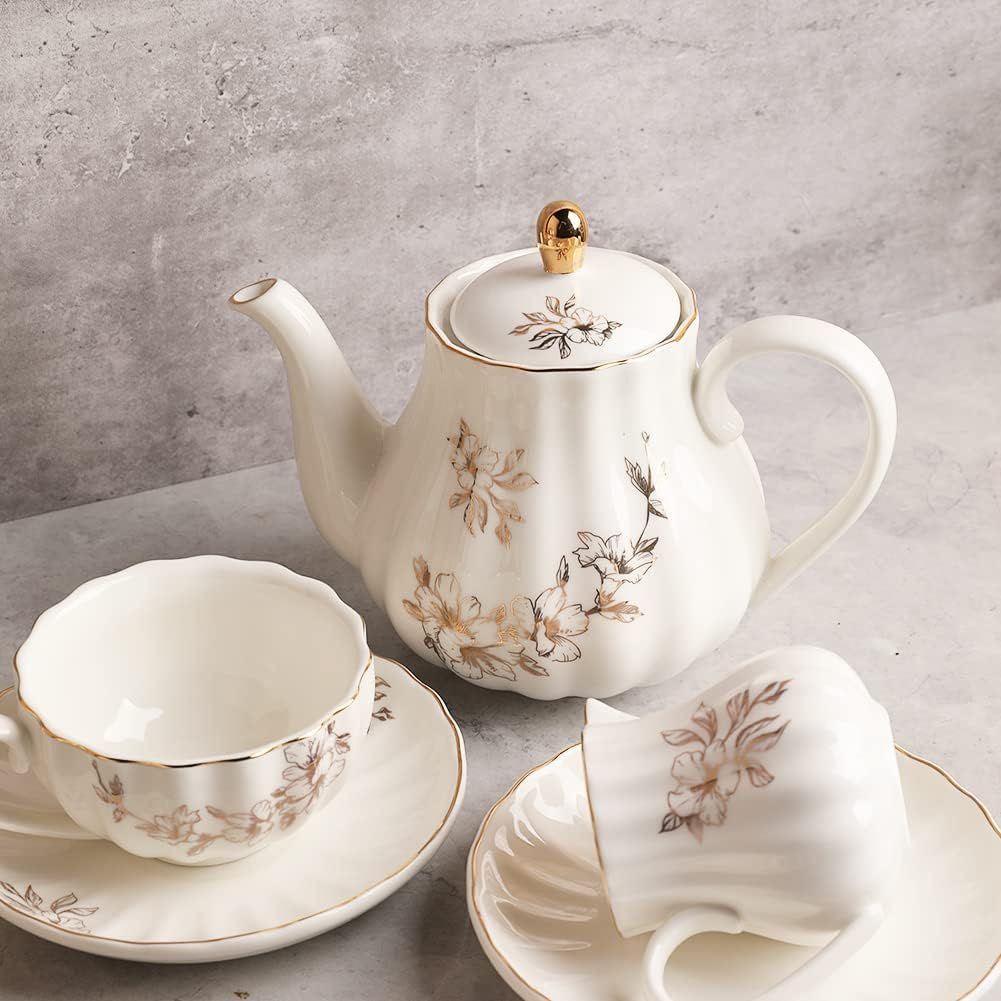 British Royal Series Service à thé en porcelaine avec tasses et soucoupe pour 6 personnes 225 ml avec théière, sucrier, pichet à crème, cuillères à café et passoire à thé