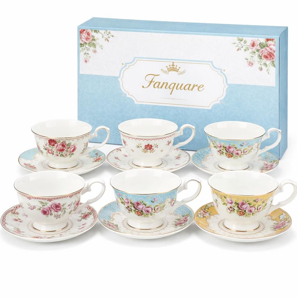 fanquare Tasse à Café en Porcelaine Florale Colorée avec Soucoupe, Service de Tasses à Thé Anglaises pour 6 Personnes, Set de Thé Rose Vintage pour Femmes