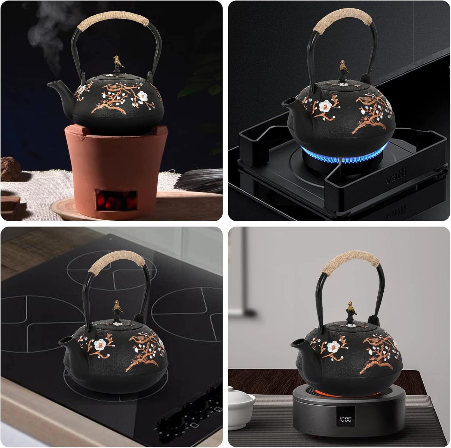 Dyna-Living Théière en fonte japonaise de 1200 ml avec infuseur, émail brillant à l'intérieur, théière en forme de fleur de prunier avec tasses, support, pot en fer pour cuisinière