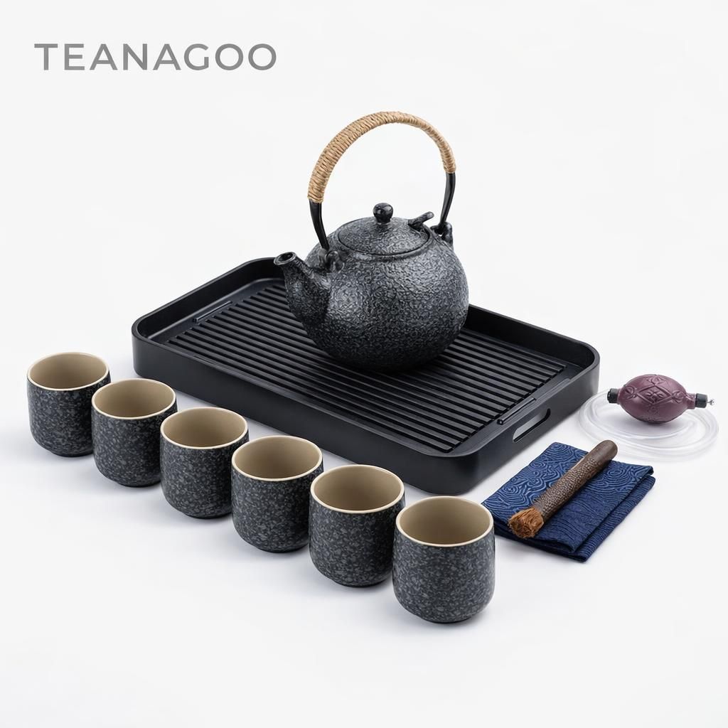 TEANAGOO Service à thé japonais complet avec plateau, gris anthracite, service à thé en porcelaine de Chine, 1 théière (700ml/25oz) + 6 tasses à thé (205ml/7.2oz),U1, plateau à thé avec