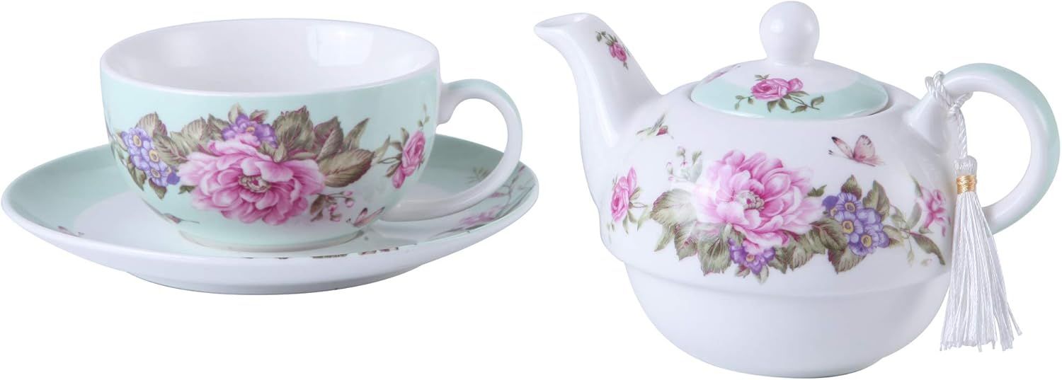 Ensemble de théière, tasse et soucoupe en porcelaine pour une personne à motif floral boîte cadeau
