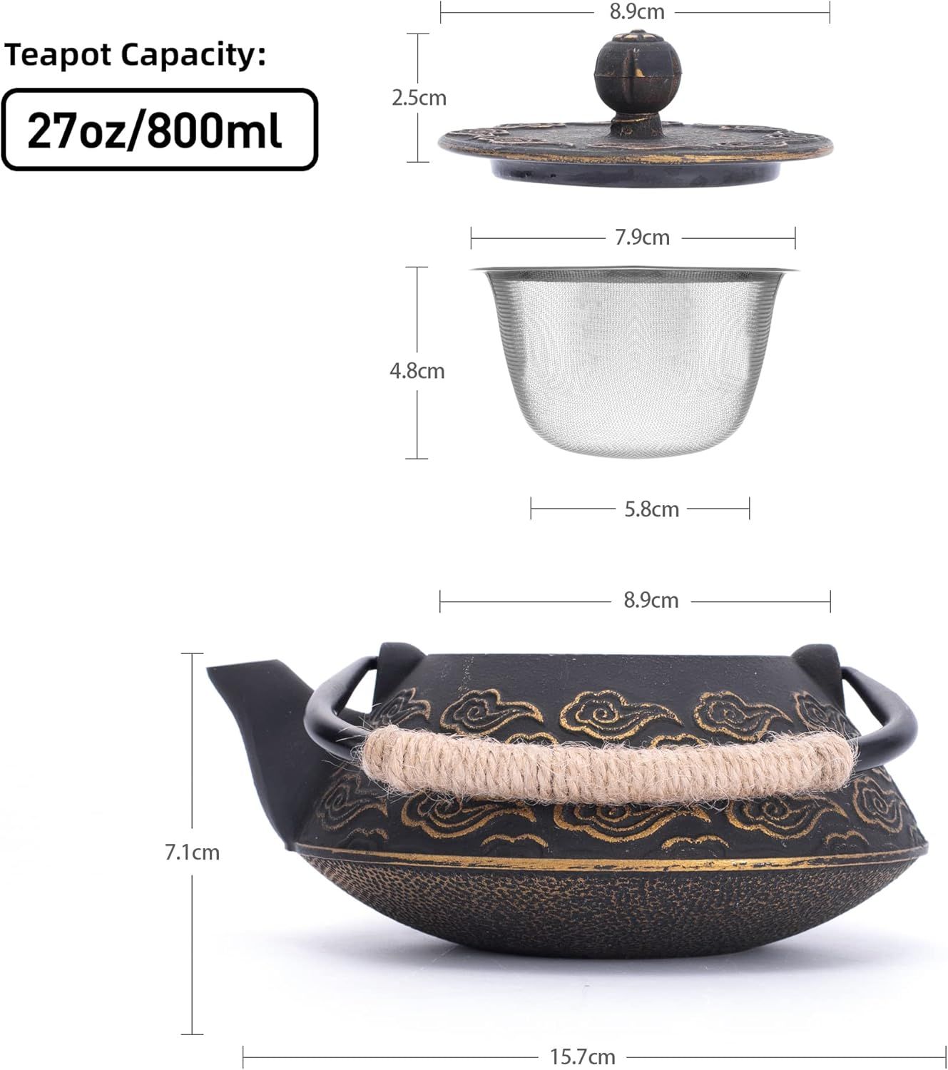 Théière en Fonte, Théière Japonaise avec Inspergraphe pour Feuille Libre, Bouilloire à Thé 800ml pour Cuisinière Enduite d’Intérieur émaillé, Motif Nuages, Noir
