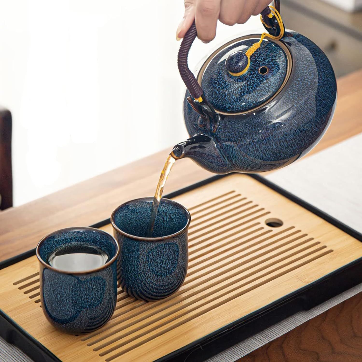 Service à thé chinois en céramique, théière de 600 ml et 6 tasses de 120 ml, service à thé kungfu changeant de four, théière asiatique pour les amateurs de thé, bleu