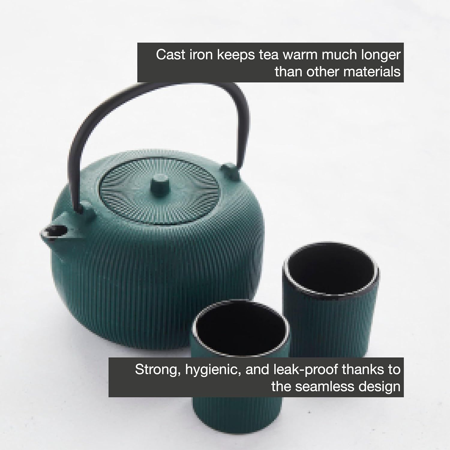 Point-Virgule set de théière nervurée en fonte et 2 tasses revêtement émaillé intérieur Forest Green