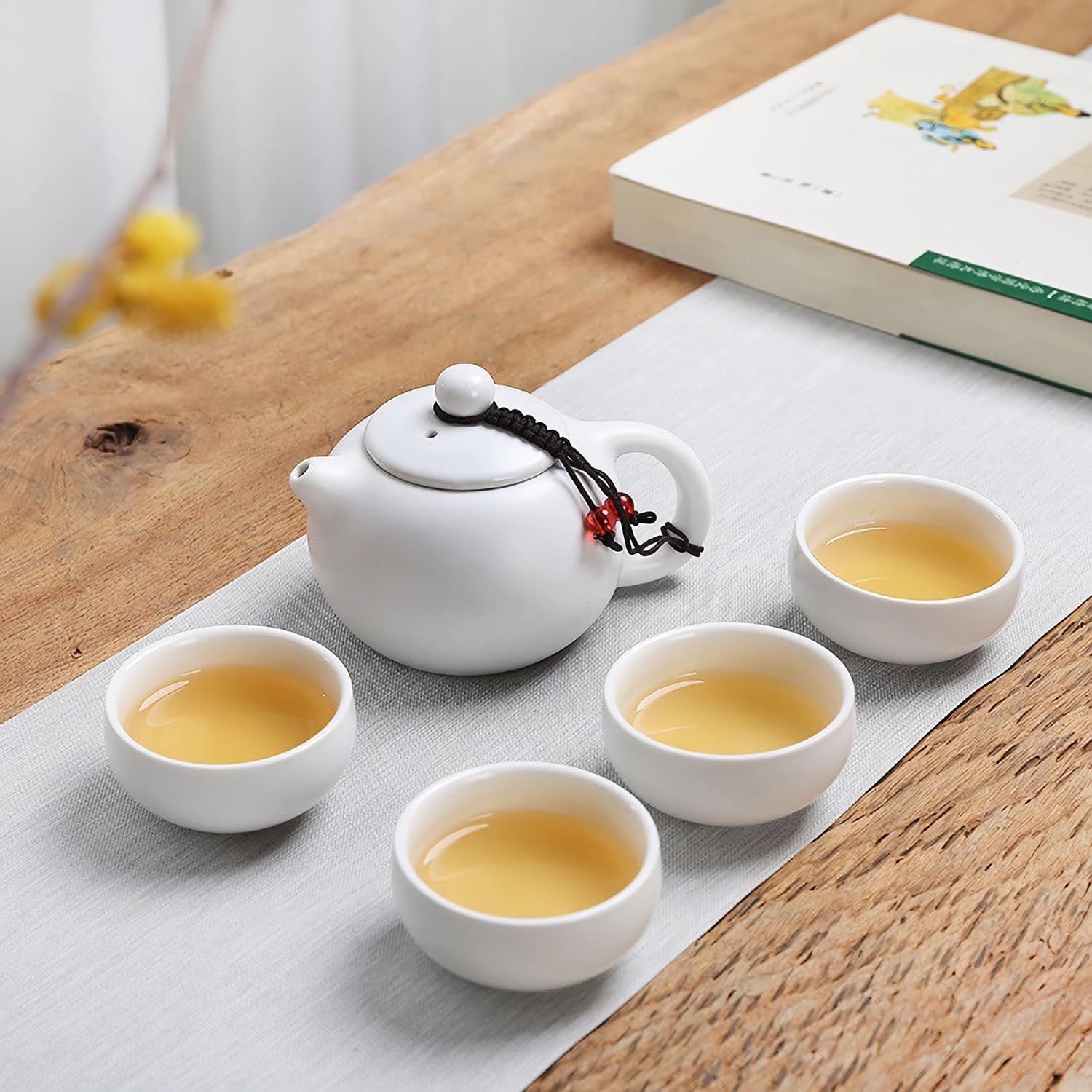 Ensemble de Théière Chinois Kungfu en Céramique - Service à Thé avec 4 Tasses et Plateau - Cadeau Tout-en-Un pour Thé en Vrac - Blanc