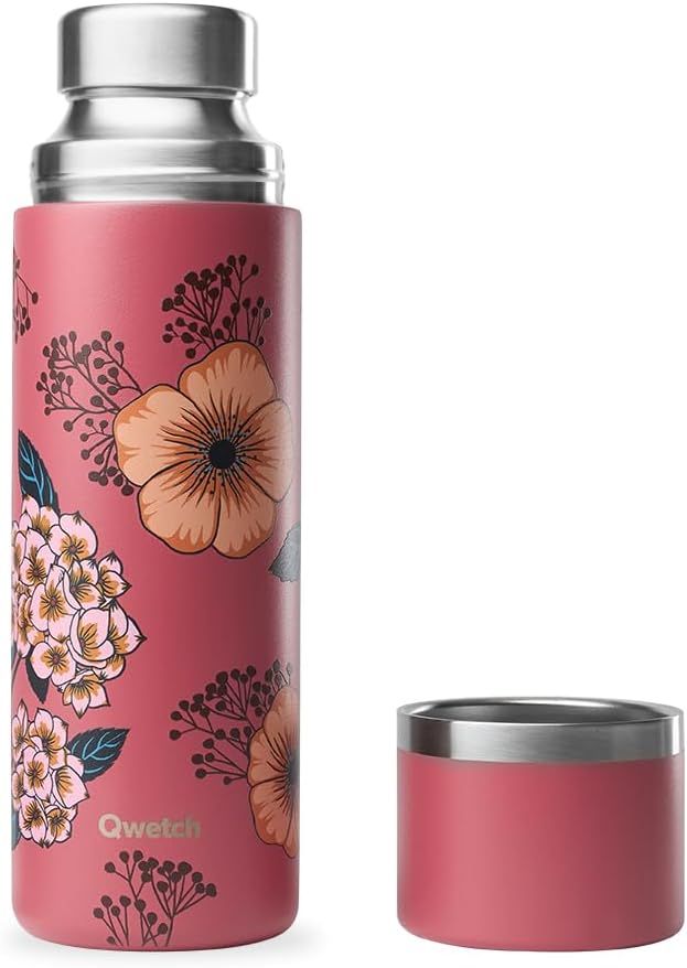 Qwetch - Thermo Isotherme Anémones Terracotta 750ml - Thermo avec Gobelet Inox Recyclé - 24h Froid et 12h Chaud - Etanche & Idéale pour Café et Thé