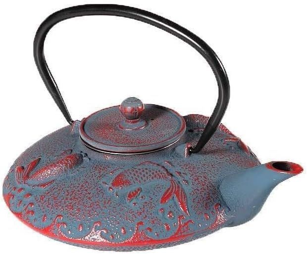 lachineuse - Théière Japonaise en Fonte - Carpes Koï - Avec Filtre Infuseur - Capacité 0,8L - Décoration Japonaise Asiatique - Théière Traditionnelle Nipponne - Service du Thé - Coloris Gris & Rouge