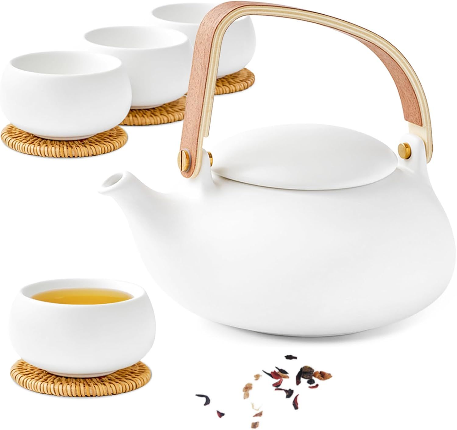 ZENS Theiere avec infuseur, Théière en japonaise avec 4 tasse pour le thé en vrac, blanc céramique Théière avec filtre en acier inoxydable 304 pour les fleurs Thé, manche en bois moderne