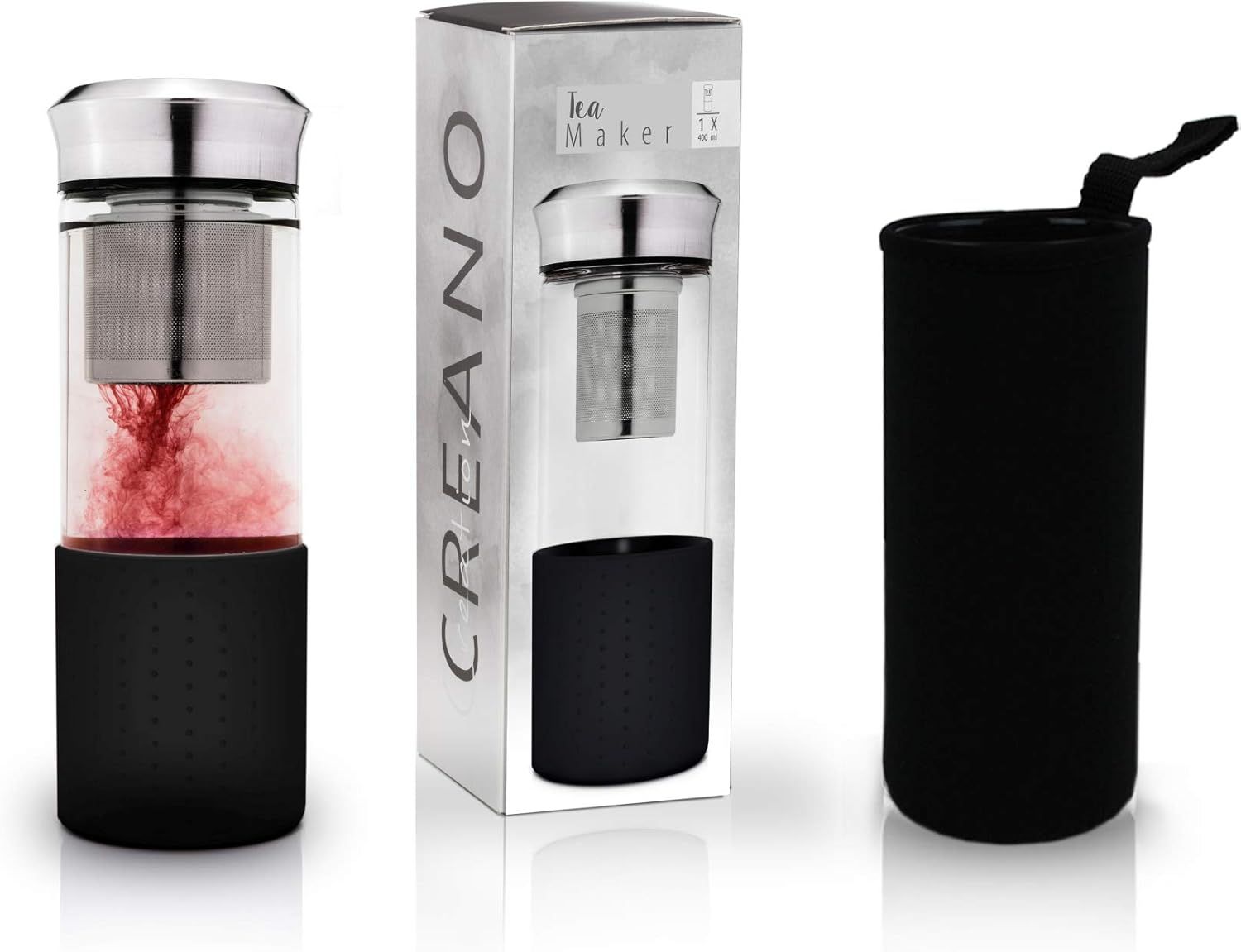 Creano „Teamaker“ 400ml – Théière Nomade & Bouteille à Thé en Verre avec Passoire Inox et Housse Néoprène – Bouteille Infuseur Étanche – Noir