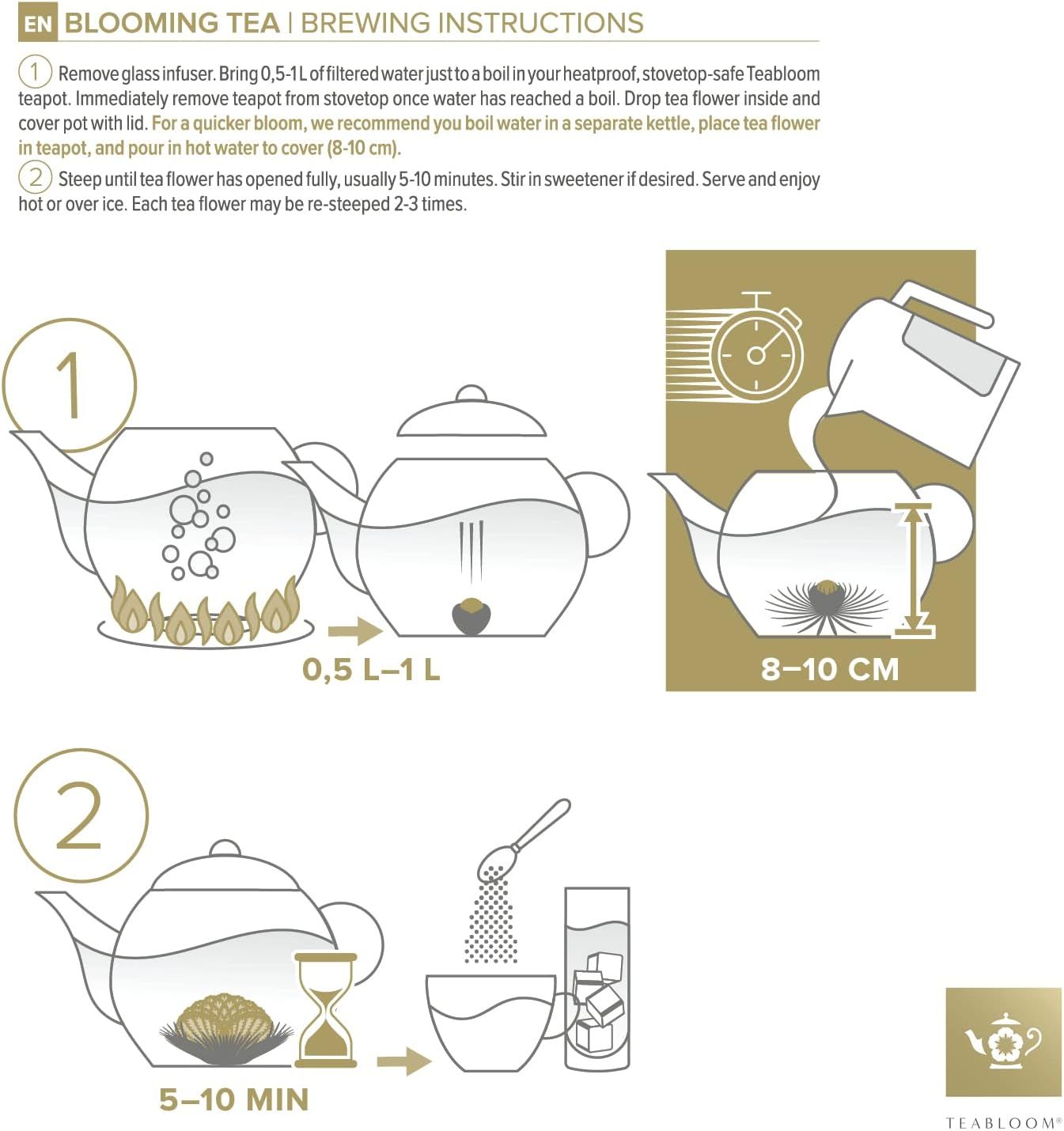 Teabloom Théière en Verre, Résistante à la Cuisson et aux Micro-ondes, avec Infuseur Amovible pour Thé en Vrac – 2 Thés Fleuris Inclus – Bouilloire et Machine à Thé 1.2 L