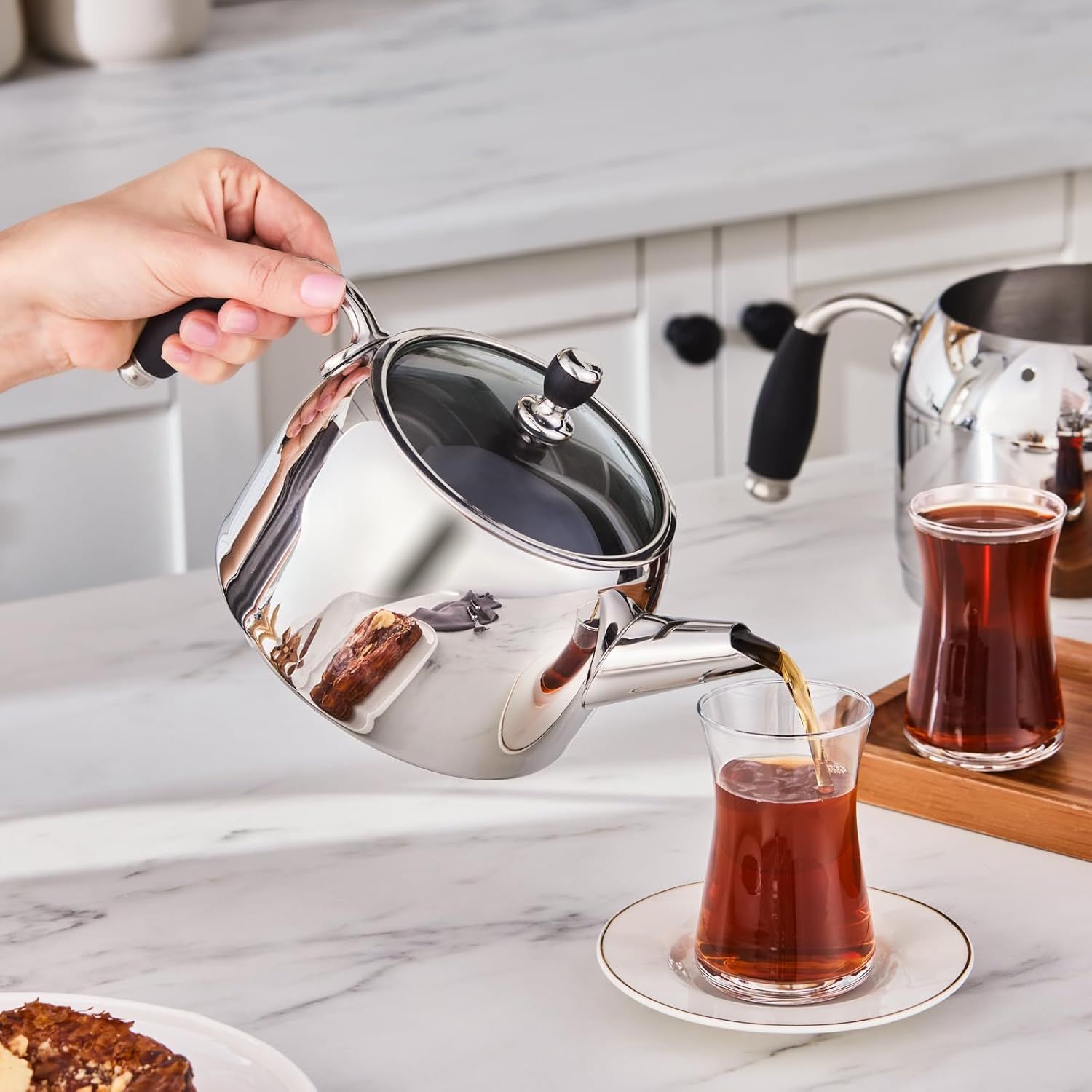 Karaca Stella Set de Théière Turque en Acier Inoxydable, Bouilloire 2L, Théière 1L, Poignées Résistantes à la Chaleur, Finition Poli, Compatible Induction Turkish Teapot & Caydanlik