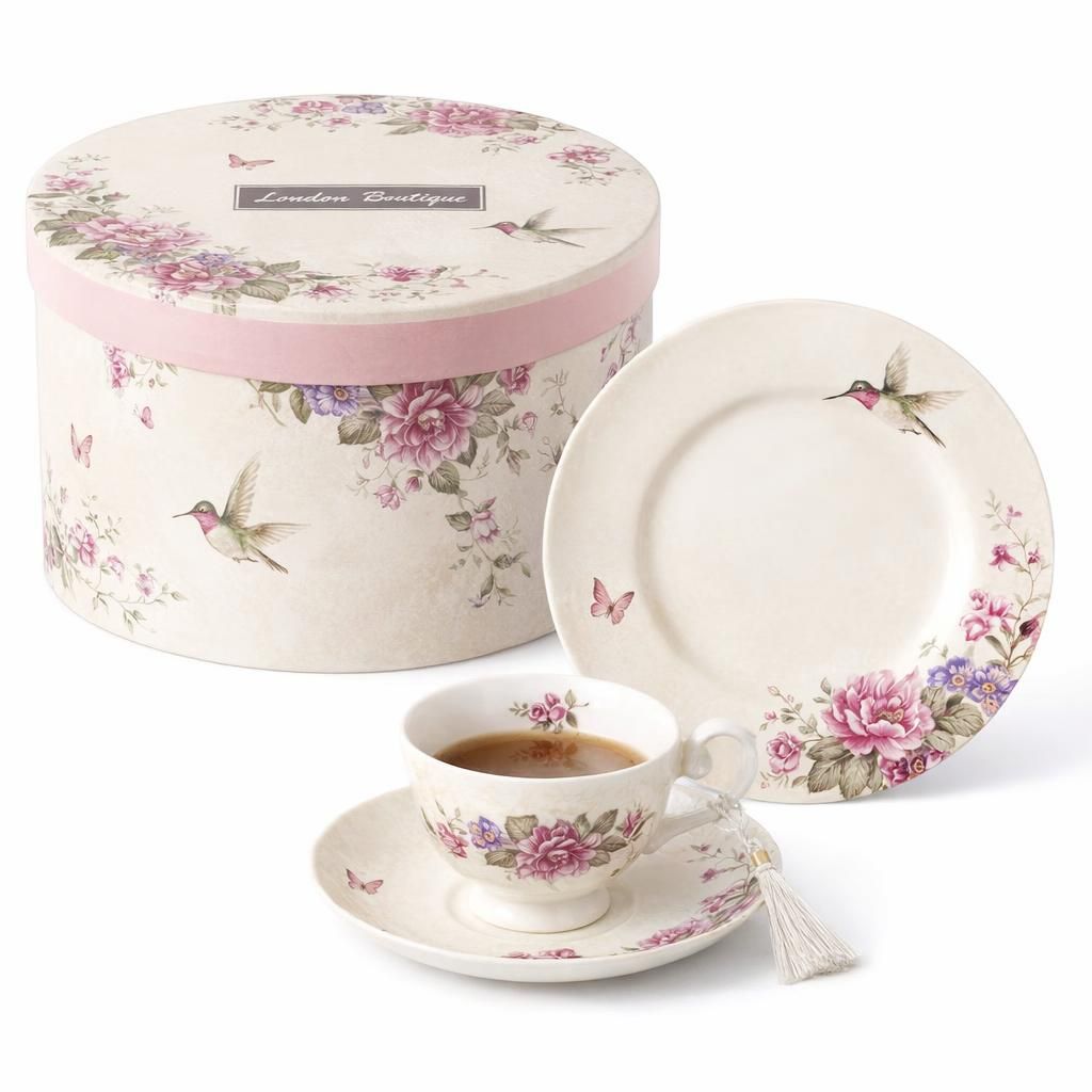 Lot de 3 Assiettes à café et soucoupes à Dessert Style Shabby Chic Vintage en Porcelaine avec Motif Oiseau et Papillon (crème/Beige)