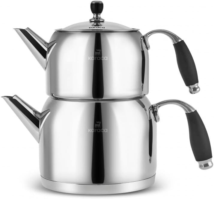 Karaca Stella Set de Théière Turque en Acier Inoxydable, Bouilloire 2L, Théière 1L, Poignées Résistantes à la Chaleur, Finition Poli, Compatible Induction Turkish Teapot & Caydanlik