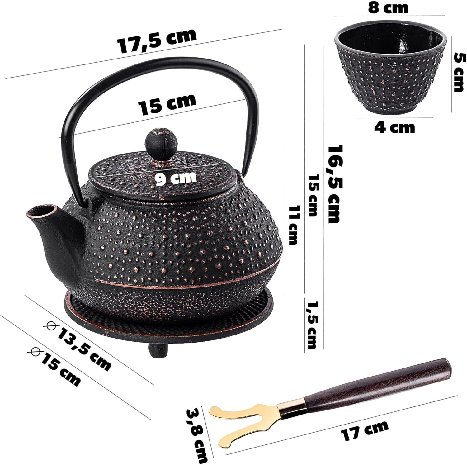 KADAX Théière Japonaise en Fonte de 850ml avec Intérieur Émaillé, Quatre Tasses et Infuseur pour Thé en Vrac, Service à Thé Traditionnel (Noir)